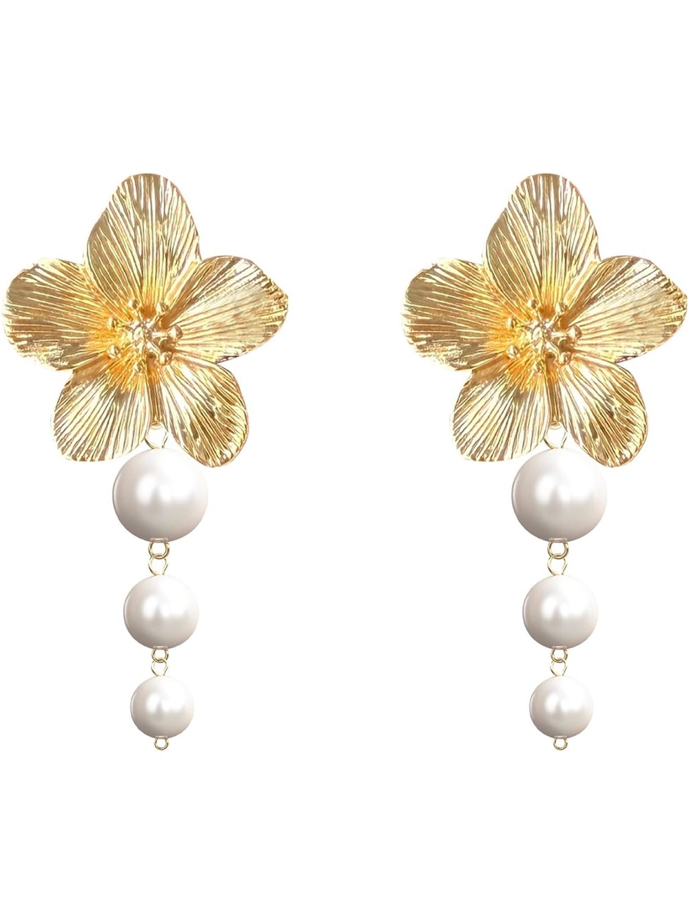 Anthropologie Gold Tone Floral Earrings with White Pearls
